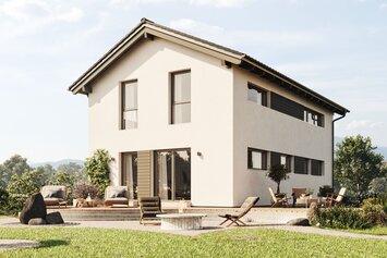 FingerHaus TALO 211 – zweigeschossiges Einfamilienhaus mit Satteldach, heller Fassade und bodentiefen Fenstern. Im Garten sind Rasenfläche, Terrasse und Pflanzbereiche mit Ziergräsern zu sehen.