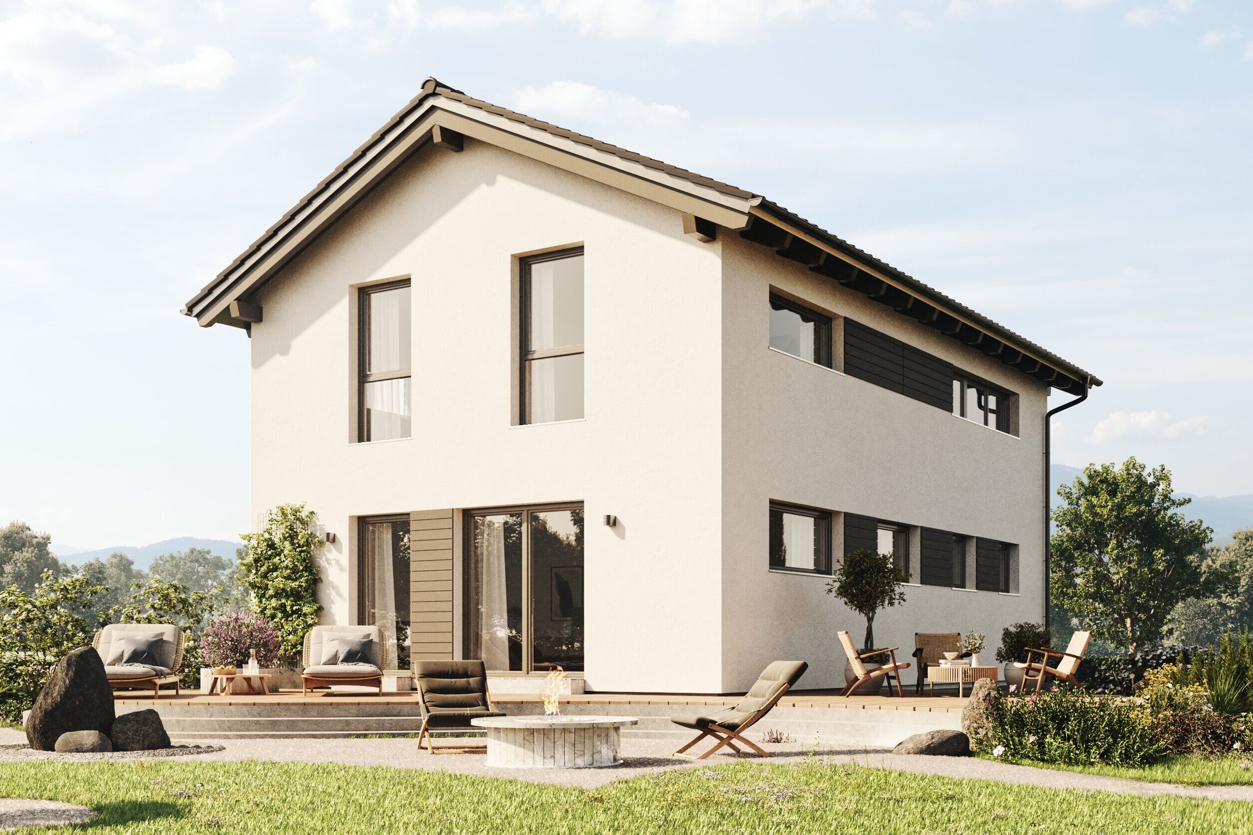 FingerHaus TALO 211 – zweigeschossiges Einfamilienhaus mit Satteldach, heller Fassade und bodentiefen Fenstern. Im Garten sind Rasenfläche, Terrasse und Pflanzbereiche mit Ziergräsern zu sehen.