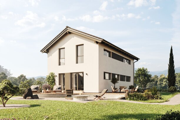 FingerHaus TALO 211 – zweigeschossiges Einfamilienhaus mit Satteldach, heller Fassade und bodentiefen Fenstern. Im Garten sind Rasenfläche, Terrasse und Pflanzbereiche mit Ziergräsern zu sehen.