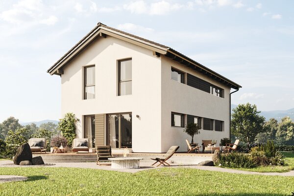 FingerHaus TALO 211 – zweigeschossiges Einfamilienhaus mit Satteldach, heller Fassade und bodentiefen Fenstern. Im Garten sind Rasenfläche, Terrasse und Pflanzbereiche mit Ziergräsern zu sehen.