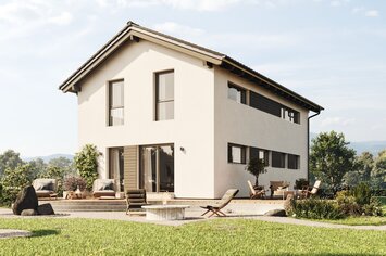 FingerHaus TALO 211 – zweigeschossiges Einfamilienhaus mit Satteldach, heller Fassade und bodentiefen Fenstern. Im Garten sind Rasenfläche, Terrasse und Pflanzbereiche mit Ziergräsern zu sehen.