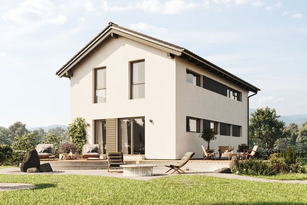 FingerHaus TALO 211 – zweigeschossiges Einfamilienhaus mit Satteldach, heller Fassade und bodentiefen Fenstern. Im Garten sind Rasenfläche, Terrasse und Pflanzbereiche mit Ziergräsern zu sehen.