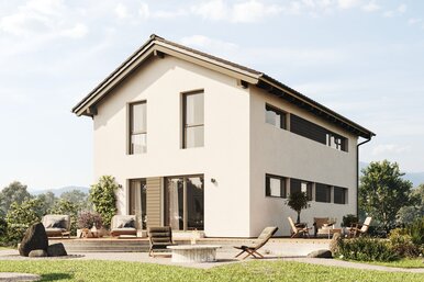 FingerHaus TALO 211 – zweigeschossiges Einfamilienhaus mit Satteldach, heller Fassade und bodentiefen Fenstern. Im Garten sind Rasenfläche, Terrasse und Pflanzbereiche mit Ziergräsern zu sehen.