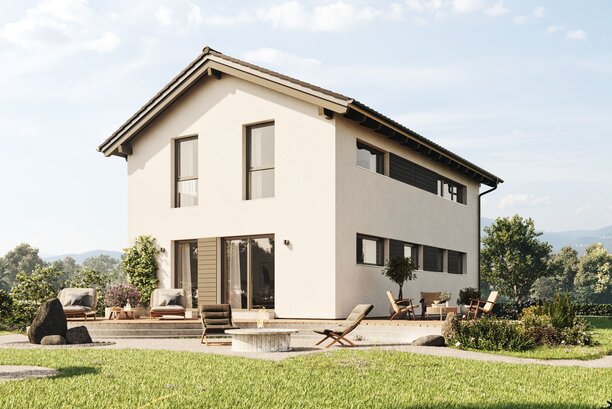 FingerHaus TALO 211 – zweigeschossiges Einfamilienhaus mit Satteldach, heller Fassade und bodentiefen Fenstern. Im Garten sind Rasenfläche, Terrasse und Pflanzbereiche mit Ziergräsern zu sehen.