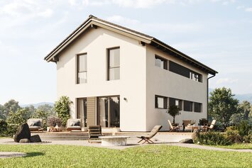 FingerHaus TALO 211 – zweigeschossiges Einfamilienhaus mit Satteldach, heller Fassade und bodentiefen Fenstern. Im Garten sind Rasenfläche, Terrasse und Pflanzbereiche mit Ziergräsern zu sehen.