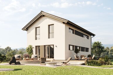 FingerHaus TALO 211 – zweigeschossiges Einfamilienhaus mit Satteldach, heller Fassade und bodentiefen Fenstern. Im Garten sind Rasenfläche, Terrasse und Pflanzbereiche mit Ziergräsern zu sehen.