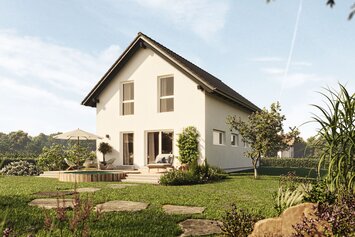 FingerHaus TALO 211 – Einfamilienhaus mit Satteldach, heller Fassade und großen Fenstern. Der Garten zeigt Natursteinplatten, Rasenfläche und blühende Pflanzen.