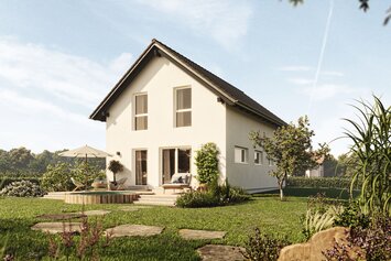 FingerHaus TALO 211 – Einfamilienhaus mit Satteldach, heller Fassade und großen Fenstern. Der Garten zeigt Natursteinplatten, Rasenfläche und blühende Pflanzen.