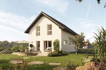 FingerHaus TALO 211 – Einfamilienhaus mit Satteldach, heller Fassade und großen Fenstern. Der Garten zeigt Natursteinplatten, Rasenfläche und blühende Pflanzen.