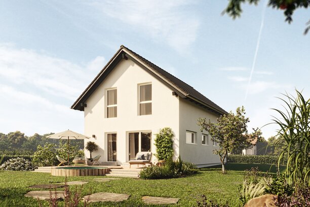 FingerHaus TALO 211 – Einfamilienhaus mit Satteldach, heller Fassade und großen Fenstern. Der Garten zeigt Natursteinplatten, Rasenfläche und blühende Pflanzen.