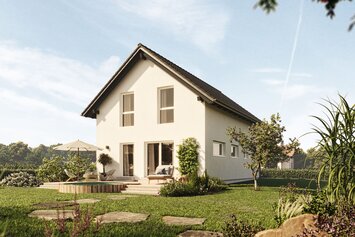 FingerHaus TALO 211 – Einfamilienhaus mit Satteldach, heller Fassade und großen Fenstern. Der Garten zeigt Natursteinplatten, Rasenfläche und blühende Pflanzen.