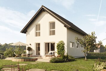 FingerHaus TALO 211 – Einfamilienhaus mit Satteldach, heller Fassade und großen Fenstern. Der Garten zeigt Natursteinplatten, Rasenfläche und blühende Pflanzen.