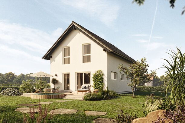 FingerHaus TALO 211 – Einfamilienhaus mit Satteldach, heller Fassade und großen Fenstern. Der Garten zeigt Natursteinplatten, Rasenfläche und blühende Pflanzen.