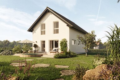 FingerHaus TALO 211 – Einfamilienhaus mit Satteldach, heller Fassade und großen Fenstern. Der Garten zeigt Natursteinplatten, Rasenfläche und blühende Pflanzen.