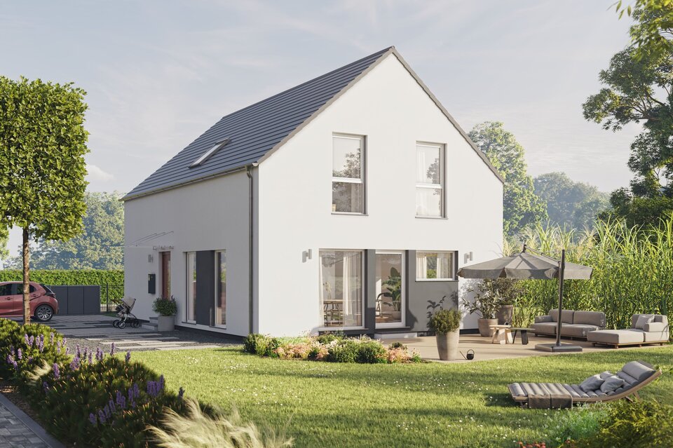 Fertighaus FingerHaus LIV 201 mit heller Fassade, Satteldach und gepflastertem Weg, umgeben von blühenden Pflanzen und grünem Rasen.