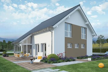 FingerHaus SENTO 501 – Einfamilienhaus mit Satteldach, heller und brauner Fassade sowie Übereckfenstern im Erdgeschoss. Im Garten sind Terrasse, Pflasterweg, Rasen und Zierpflanzen zu sehen.