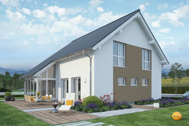 FingerHaus SENTO 501 – Einfamilienhaus mit Satteldach, heller und brauner Fassade sowie Übereckfenstern im Erdgeschoss. Im Garten sind Terrasse, Pflasterweg, Rasen und Zierpflanzen zu sehen.