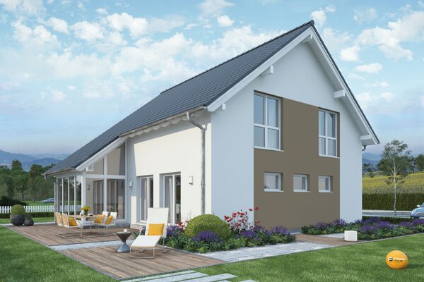 FingerHaus SENTO 501 – Einfamilienhaus mit Satteldach, heller und brauner Fassade sowie Übereckfenstern im Erdgeschoss. Im Garten sind Terrasse, Pflasterweg, Rasen und Zierpflanzen zu sehen.