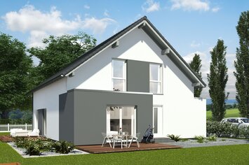 FingerHaus MAXIM 6 – Einfamilienhaus mit Einliegerwohnung, Satteldach und heller Putzfassade. Im Garten sind Rasenfläche, bepflanzte Hochbeete und eine Terrasse sichtbar.