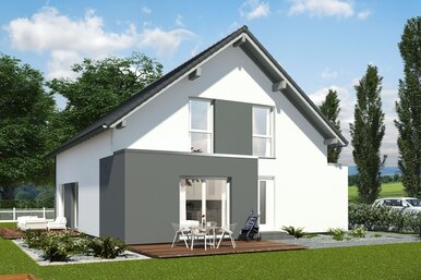 FingerHaus MAXIM 6 – Einfamilienhaus mit Einliegerwohnung, Satteldach und heller Putzfassade. Im Garten sind Rasenfläche, bepflanzte Hochbeete und eine Terrasse sichtbar.