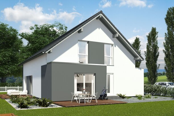 FingerHaus MAXIM 6 – Einfamilienhaus mit Einliegerwohnung, Satteldach und heller Putzfassade. Im Garten sind Rasenfläche, bepflanzte Hochbeete und eine Terrasse sichtbar.