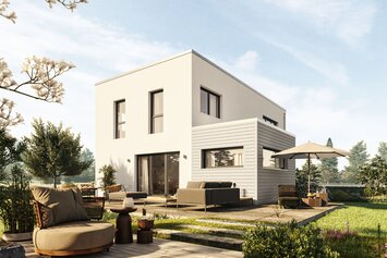 FingerHaus TALO 311 – zweigeschossiges Einfamilienhaus mit Flachdach, heller Fassade und großem Erker. Im Garten sind Holzdeck, Teich mit Steinen und üppige Bepflanzung zu sehen.