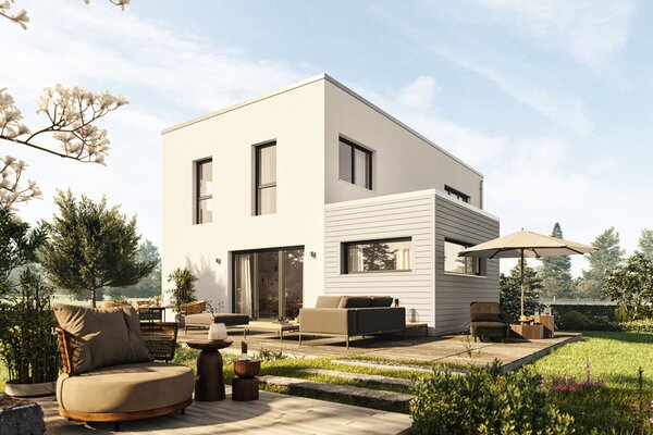 FingerHaus TALO 311 – zweigeschossiges Einfamilienhaus mit Flachdach, heller Fassade und großem Erker. Im Garten sind Holzdeck, Teich mit Steinen und üppige Bepflanzung zu sehen.