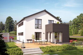 Visualisierung des Hauskonzepts MEDLEY 300 B S215 von FingerHaus mit großer Terrasse im Garten.