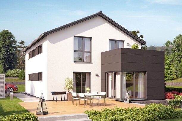 Visualisierung des Hauskonzepts MEDLEY 300 B S215 von FingerHaus mit großer Terrasse im Garten.