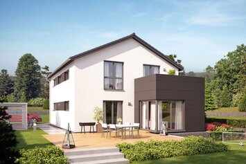 Visualisierung des Hauskonzepts MEDLEY 300 B S215 von FingerHaus mit großer Terrasse im Garten.
