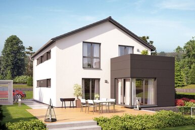 Visualisierung des Hauskonzepts MEDLEY 300 B S215 von FingerHaus mit großer Terrasse im Garten.