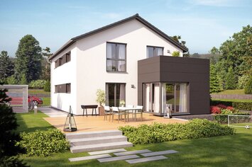 Visualisierung des Hauskonzepts MEDLEY 300 B S215 von FingerHaus mit großer Terrasse im Garten.