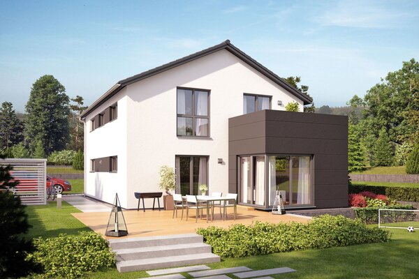 Visualisierung des Hauskonzepts MEDLEY 300 B S215 von FingerHaus mit großer Terrasse im Garten.