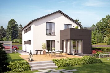 Visualisierung des Hauskonzepts MEDLEY 300 B S215 von FingerHaus mit großer Terrasse im Garten.