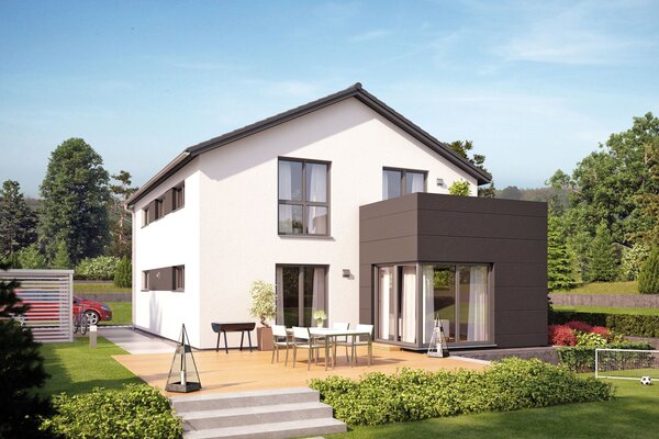 Visualisierung des Hauskonzepts MEDLEY 300 B S215 von FingerHaus mit großer Terrasse im Garten.