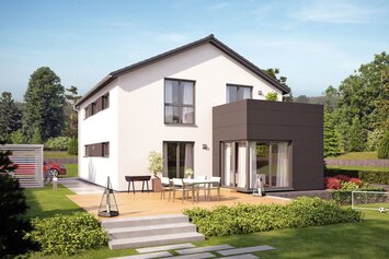 Visualisierung des Hauskonzepts MEDLEY 300 B S215 von FingerHaus mit großer Terrasse im Garten.