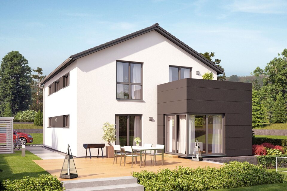 Visualisierung des Hauskonzepts MEDLEY 300 B S215 von FingerHaus mit großer Terrasse im Garten.