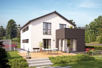Visualisierung des Hauskonzepts MEDLEY 300 B S215 von FingerHaus mit großer Terrasse im Garten.