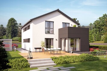 Visualisierung des Hauskonzepts MEDLEY 300 B S215 von FingerHaus mit großer Terrasse im Garten.