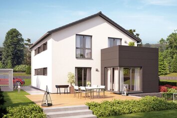 Visualisierung des Hauskonzepts MEDLEY 300 B S215 von FingerHaus mit großer Terrasse im Garten.