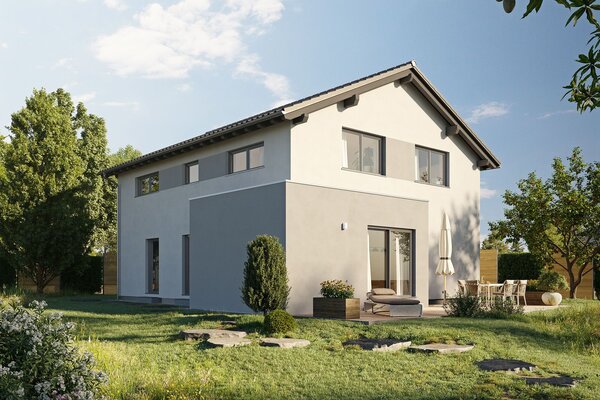 FingerHaus LUMIS 170 – zweigeschossiges Einfamilienhaus mit Satteldach, heller Putzfassade und großen Fenstern. Im Garten befinden sich Rasen, Sitzbereich mit Sesseln und Steinplatten.