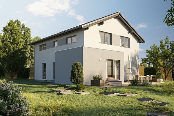 FingerHaus LUMIS 170 – zweigeschossiges Einfamilienhaus mit Satteldach, heller Putzfassade und großen Fenstern. Im Garten befinden sich Rasen, Sitzbereich mit Sesseln und Steinplatten.