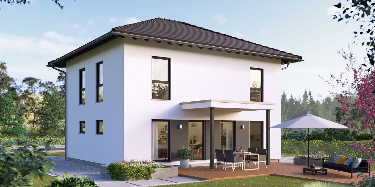 Modernes zweigeschossiges FingerHaus Fertighaus mit Flachdach und großer Terrasse in naturnaher Gartenlandschaft