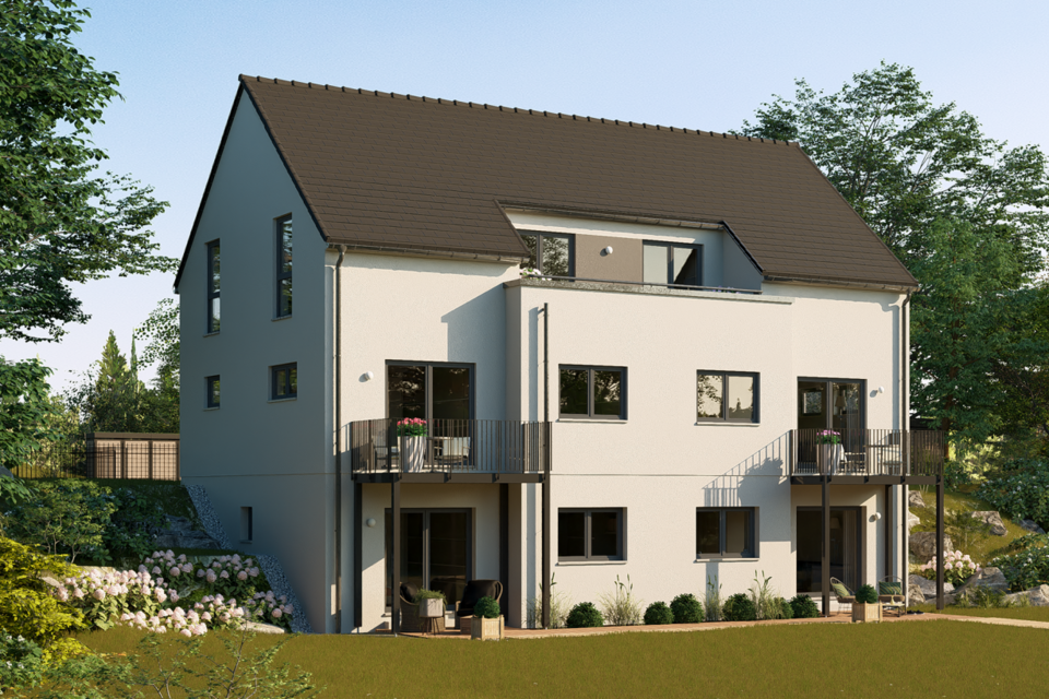 FingerHaus URBIS 300 mit klassischem Satteldach, großer Terrasse und weitläufigem Garten.