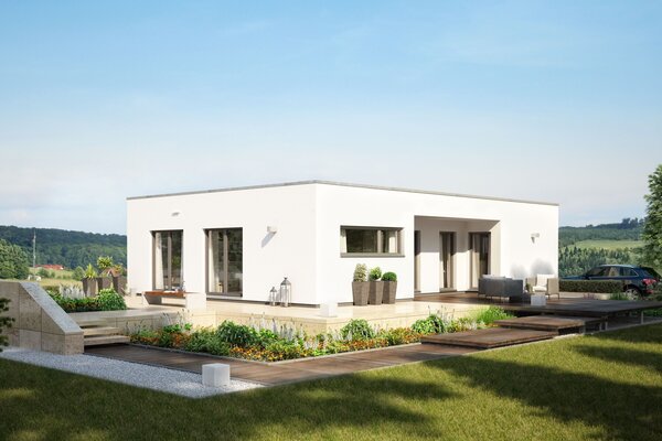 Moderner FingerHaus Bungalow NIVO 110 mit Flachdach, klarer kubischer Architektur und großen Fensterflächen. Das Gebäude liegt in einer gepflegten Gartenlandschaft mit Terrasse und weitläufigem Rasen.