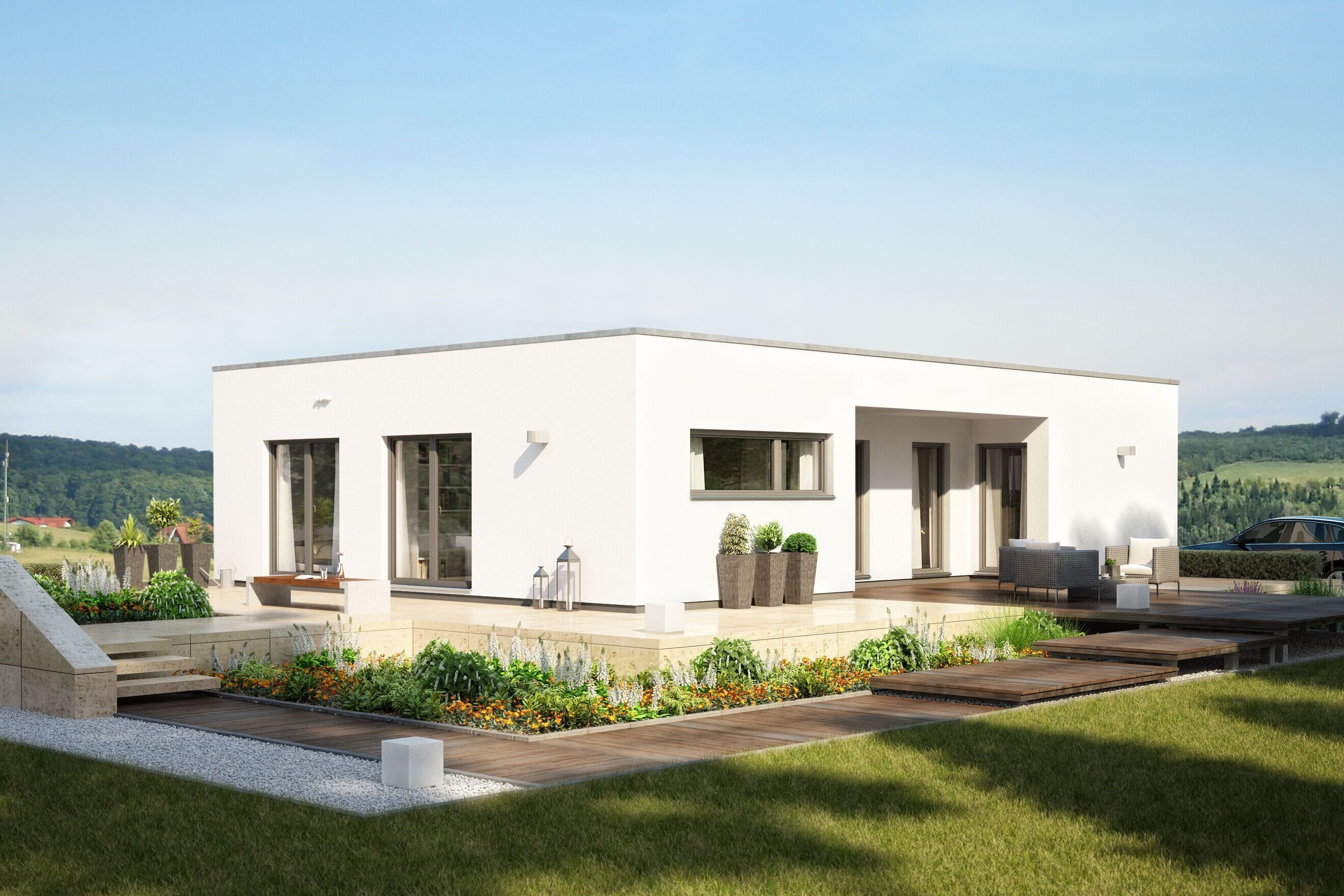 Moderner FingerHaus Bungalow NIVO 110 mit Flachdach, klarer kubischer Architektur und großen Fensterflächen. Das Gebäude liegt in einer gepflegten Gartenlandschaft mit Terrasse und weitläufigem Rasen.