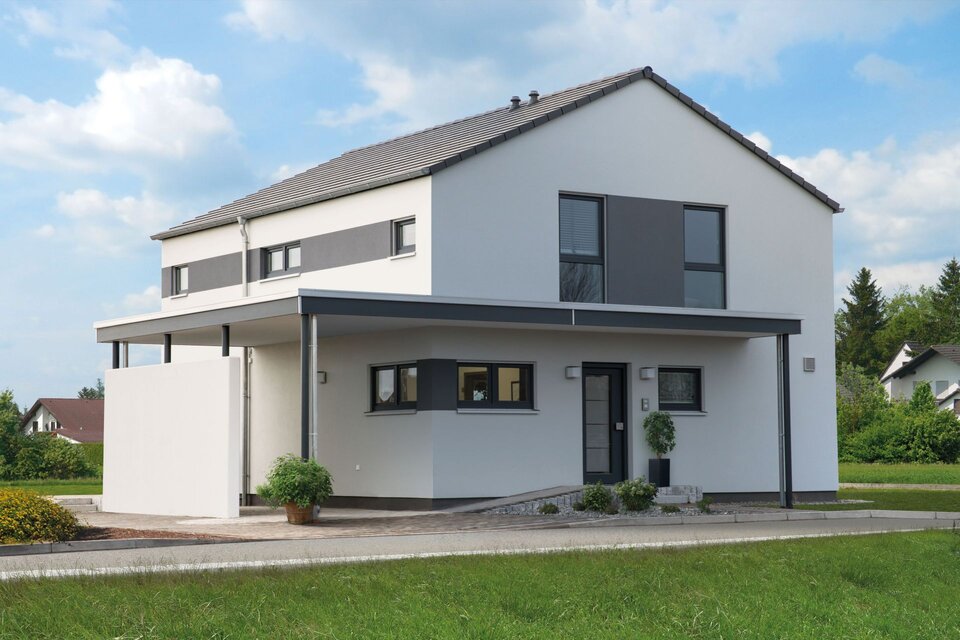 Einfamilienhaus MEDLEY 300 B von FingerHaus im Musterhauspark Berlin/Werder mit Flachdach-Carport, klaren Linien und moderner Architektur.
