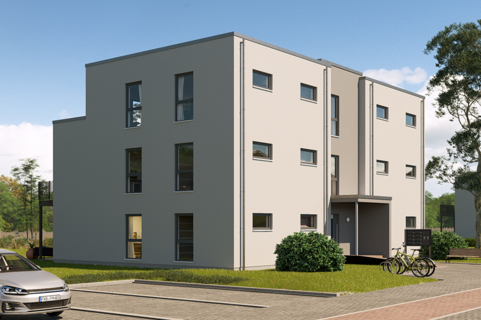 Mehrfamilienhaus URBIS 600 mit klaren Linien, hellem Fassadendesign und angrenzenden Parkplätzen.