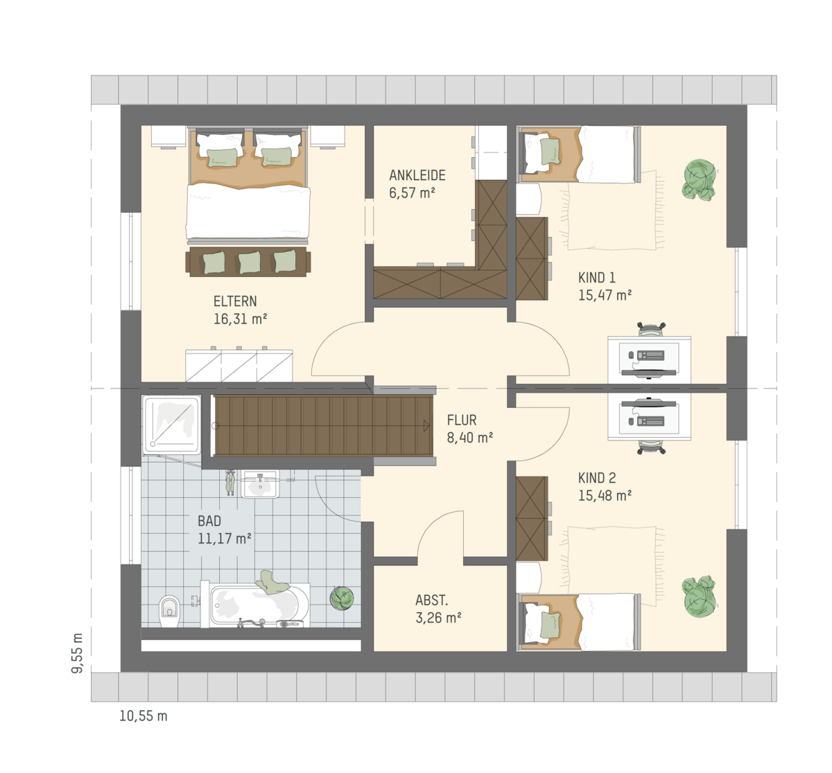 Grundriss des Obergeschosses eines FingerHaus Einfamilienhauses ARTIS 300 mit Schlafzimmer, Ankleide, zwei Kinderzimmern, Bad, Flur und Abstellraum.