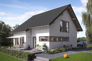 Modernes FingerHaus VIO 221 S130 mit Satteldach, klarer Fassadengestaltung und großzügiger Terrasse im Garten